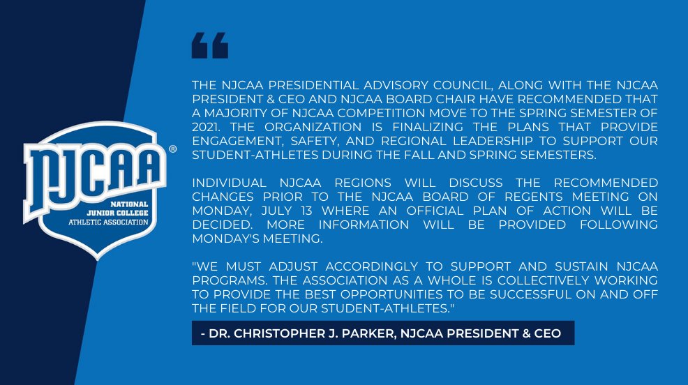 BREAKING: NJCAA Recommends Fall Sports Be Moved to Spring 2021