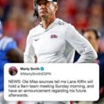 You Don’t Have to Forgive Lane Kiffin to Appreciate What He Did at Ole Miss Lane Kiffin on the Ole Miss sideline, with an overlaid Marty Smith post about a team meeting concerning his future.