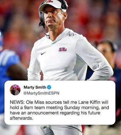 Lane Kiffin on the Ole Miss sideline, with an overlaid Marty Smith post about a team meeting concerning his future.